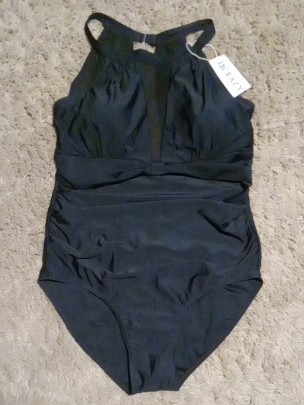 I2CRAZY High-Neck One-Piece Black Swimsuit with Ruching
